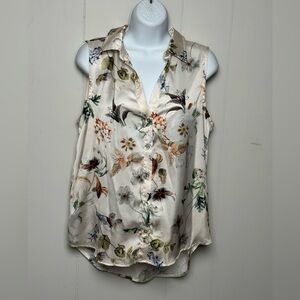 Elie Tahari Women’s Elegant Cream and Brown Floral Sleeveless Button Up Top Sz M